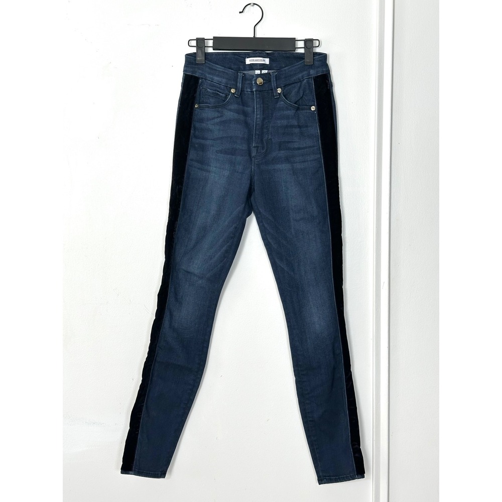 Good American Jeans Womens 2/26 Good Waist‎ Black Velvet stripe Skinny stretch